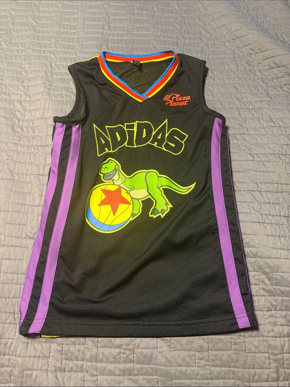 adidas Black Jersey with Neon Green Dino and Purple Side Panels